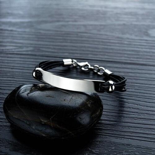 Blank Custom Engraving Curved Tag Charm Bracelet with Lobster Clasp Black Leather and Stainless Steel Bracelet