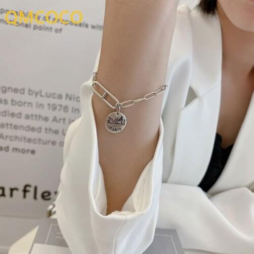 QMCOCO 925 Silver Hip-Hop Letter Round Pendant Retro Bracelet For Women INS Personality Trendy Jewelry Birthday Party Gifts
