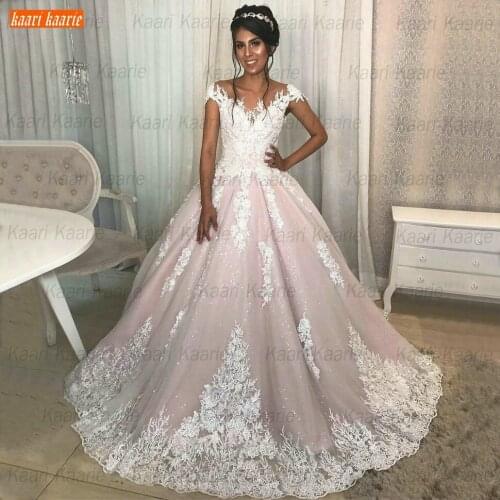 Luxurious Women Pink Wedding Dresses 2020 Boho Lace Appliqued Tulle Ball Gown Bride Dress Long Marry Custom Made Abito Da Sposa