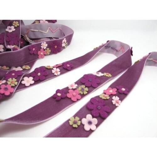 1 Inch Pink Felt Flower with Yarn Embroidery on Purple Velvet Ribbon|Sewing|Quilting|Craft Supplies|Hair Accessories