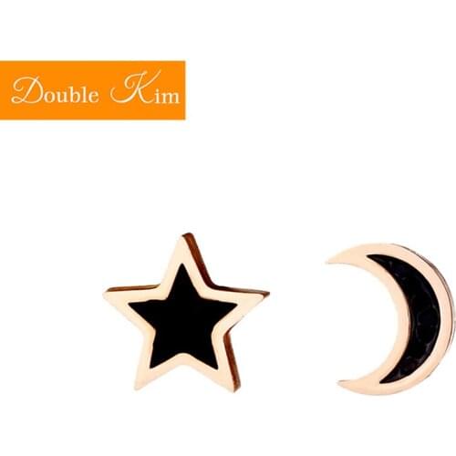 Star Moon Stud Earrings Titanium Stainless Steel Inlaid Zircon Asymmetric Earrings Rose Gold Color Trendy Fashion Women Jewelry