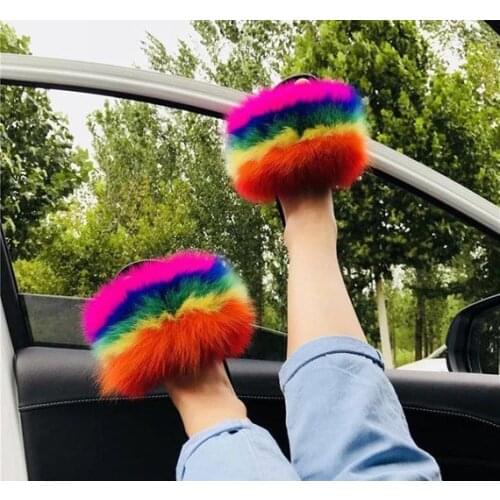 Women Real Fox Fur Slides Furry Sandals Female Fluffy Plush Fur Slippers Brand Luxury Shoes Flats Home Shoes Flip Flops Sandals
