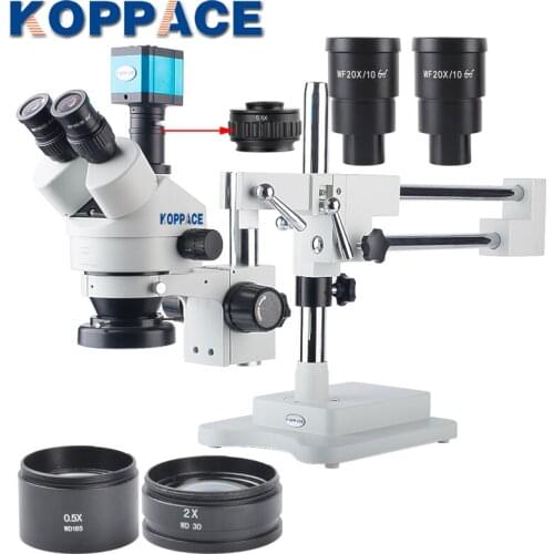 KOPPACE 3.5X-180X Trinocular Stereo Zoom Microscope With WF10X/20,WF20X/10 Eyepieces 0.5X and 2.0X Barlow Lens