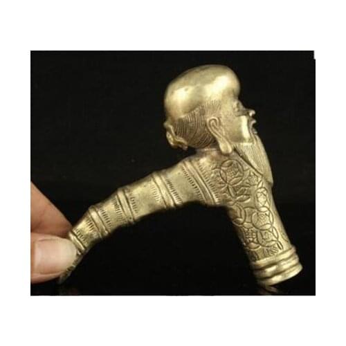 SCY 1114+++Pure Copper Brass old Grandpa Good Lucky Walking Stick Head Handwork Carving Longevity Statue Cane Walking Stick