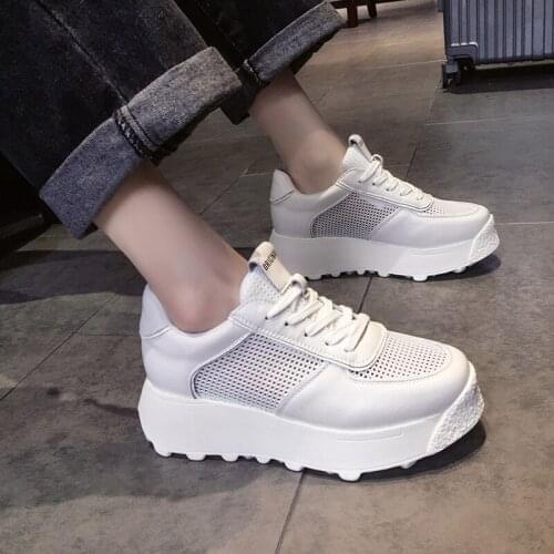 Thick-soled increased white shoes spring and summer new style mesh breathable lace-up casual shoes large size womens shoes