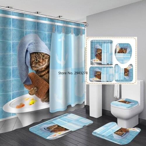 3D Foodie Cat Printed Curtain Waterproof Shower Curtains Polyester Washable for Home Hotel Proof Durable Curtains Hooks