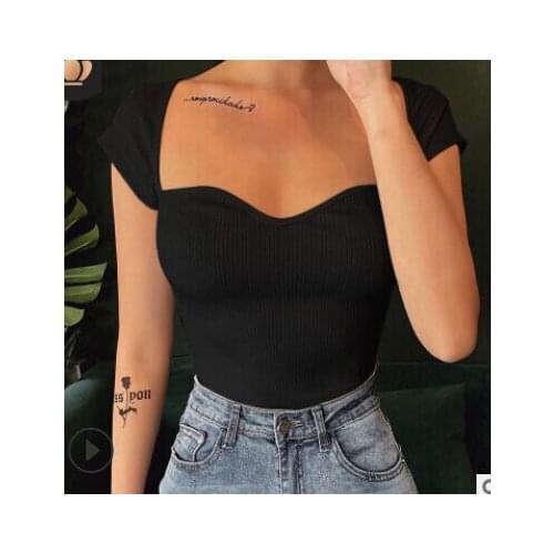 Womens Europe and America Slim Fit Solid Color T-shirt Female Y-neck Short-sleeved Top