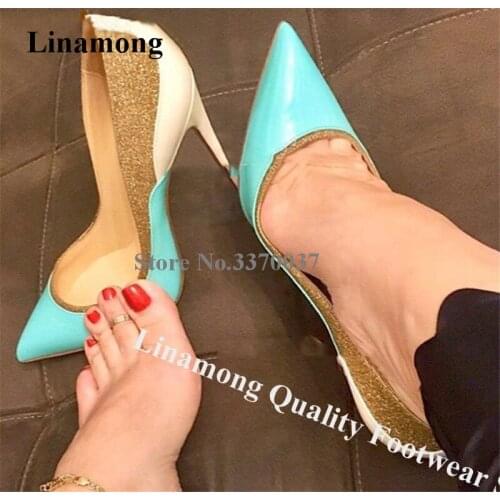Linamong Pointed Toe Gold Glitter Patchwork Stiletto Heel Pumps Bling Bling Mixed-colors Sequined High Heels Dress Shoes