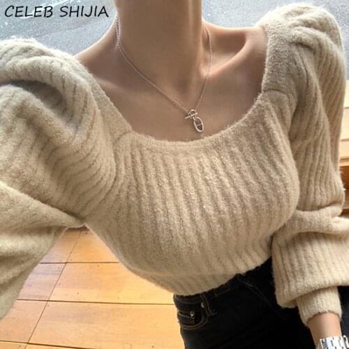 SHIJIA Autumn Winter Square Collar Knitted Sweaters Woman Pull Sleeve CHIC Korean Base Tops Female 2021 Fashion Jumpers
