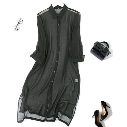 Womens 100% Silk Black Collar Button down Long Thin Top Kimono Cardigan Shawl Coat Blouse Summer Beach Cover Up one size JN036