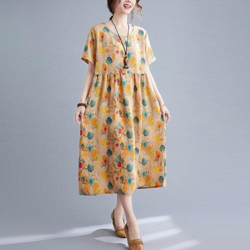 Women Summer Loose Casual Dress New Arrival 2021 Vintage Style O-neck Floral Print Female Cotton Linen Long Dresses B132