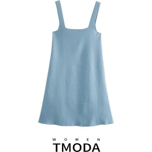 TMODA1302 Women 2021 Chic Fashion Contrast Piping Knitted Mini Dress Vintage Square Collar Sleeveless Female Dresses Vestidos