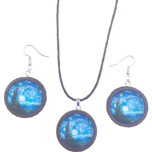 2021 Famous Paintings Van Gogh Fashion Jewelry Set Necklace&Earrings Wood Wooden Women Female Gift Girl Drop Shipping AX001-008