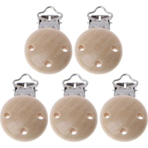 5pcs Metal Wooden Baby Pacifier Clips Solid Color Holders Cute Infant Soother Clasps Holders Clips For Baby Shower Gift