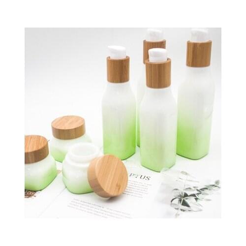 Bamboo lotion caps Cosmetic containers glass bottle jar set empty square pump bottles 40ml 100ml essential oil face eye cream