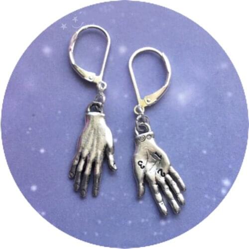Palmistry earrings Fortune Teller Palm reader hand earrings chiromancy in silver color tone Mystery jewelry pendant woman gift