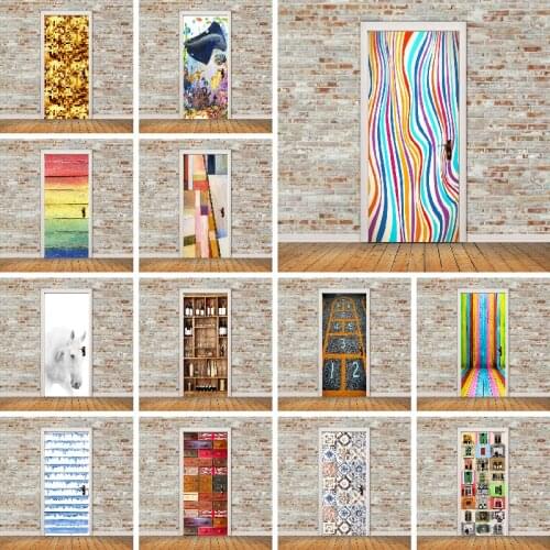 Art Fashion Picture Self-Adhesive 3D Door Stickers Color Line Graffiti Waterproof Wallpaper Home Decoration Childrens Room Door