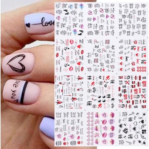 12Pcs/Set Love Letter Flower Water Decals Stickers For Nails Valentines Day Nail Art Decoration Sliders Manicure DIY Design