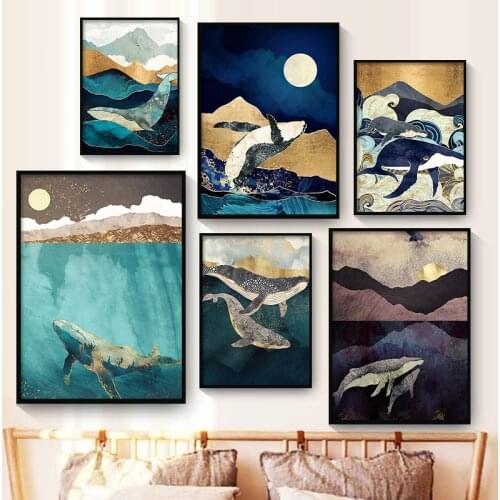 Nordic Posters And Prints Animals Wall Pictures Abstract Whale Cloud Sea Mountain Wall Art Canvas PaintingFor Living Room Decor