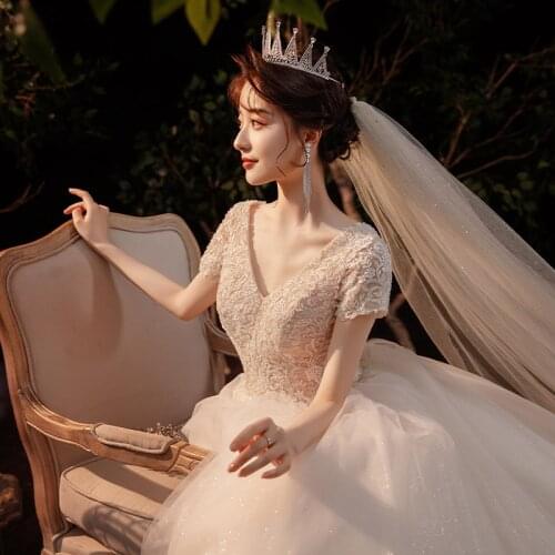 2021 new cover arm trailing small bride starry sky dreamy and super fairy temperament main light wedding dress