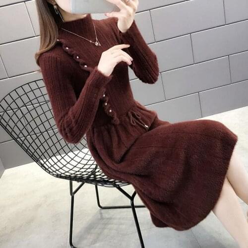 2021 new autumn and winter long imitated mink fleece sweater dress female temperament base solid color dress female fashion