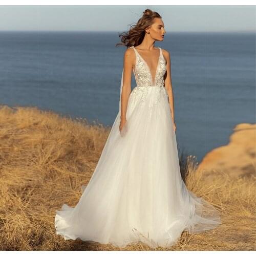 Charming A Line Tulle Wedding Dresses V Neck Lace Appliques Top Beadings Open Back Floor Length Bridal Gowns Vestido de Noiva