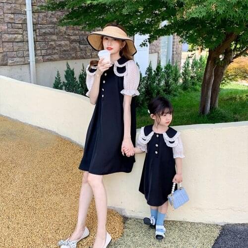 Mother And Daughter Floral Dress Lace Collar Girl Family Matching Vintage Girl Short Sleeve Solid Color Dress Clothes