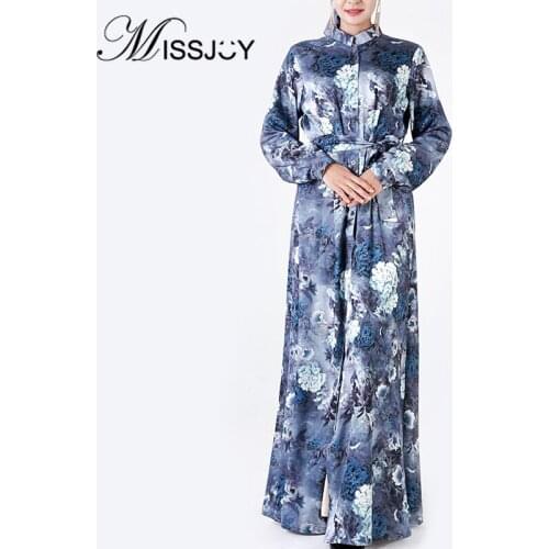 MISSJOY 2019 MMuslim Abaya Elegant Flower Printed Women Dresses Cardigan Button Fashion Islamic Clothing Long Female Robe Casual