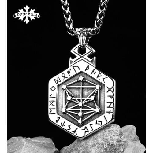 Nordic mythology Viking rune stainless steel necklace the sided pendant Kabala totem for Men hippop street culture mygrillz