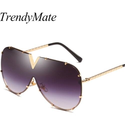 Luxury Brand Oversize Sunglasses One Piece Women Sexy Rivet Sun Glasses Shield Shades Men Windproof Eyewear Big Frame 1337T