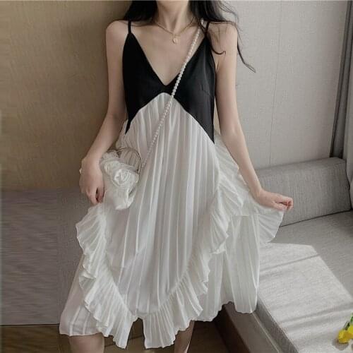 Vintage Chiffon Dress Women Summer V-Neck Sexy Suspender Dress Lady Beach Irregular Ruffled Sundress Party Wedding Evening Dress