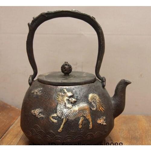 Japan Iron Silver Gilt Foo Lion Unicorn kylin Crane Flagon Kettle Wine Tea Pot