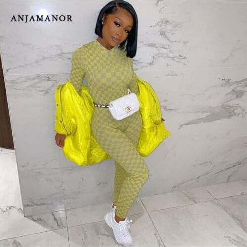 ANJAMANOR Fashion Checkerboard Long Sleeve Bodycon Jumpsuit Women Clothes Plaid Sexy One Piece Romper Streetwear 2020 D87-AD30