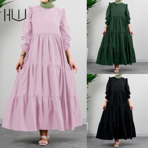 2021 Long Sleeve Muslim Robe Dresses Round Neck Vintage Ruffles Indie Clothes Summer Maxi Dress Moroccan Kaftan Casual Abaya