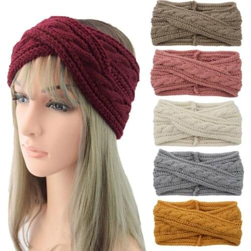 Winter Women Wool Headband Scarf Stretch Ear Warm Head Band Cross Knitted Turban Hairband Head Accessories