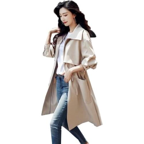 2021 New Ladies Spring Autumn Windbreaker Jacket Fashion Thin Drawstring Mid Long Female Outerwear Big Pocket Women Trench Coats