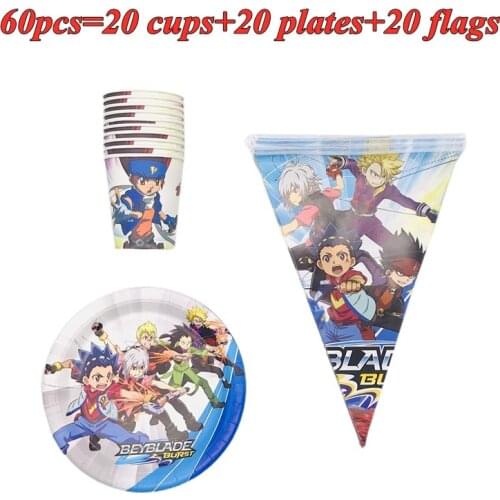 60/30pcs Cartoon Beyblade Kids Birthday Decoration Supplies Disposable Tableware Set Paper Plates Cups Flags Baby Shower Favors