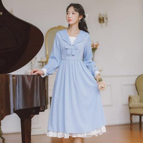 Irregular Doll Collar Sweet Cute Blue Kawaii Dresses 2021 Spring Autumn New Bowknot Cute Ladies Ruffled Splicing Princess Dress