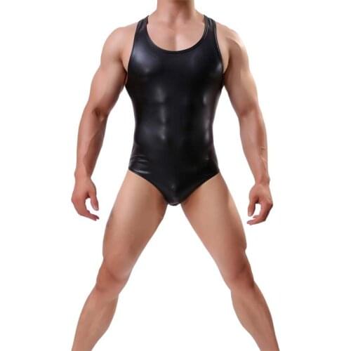 Sexy Men Imitation Leather Black Bodysuit Mens Wrestling Singlet Club Wear Smooth Costume Undershirts for Men Bodysuit