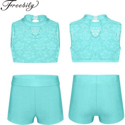 Kids Teens Gymnastics Shorts Tops Set Stage Dance Costume Girls Floral Lace Ballet Leotards Crop Top Bottoms Dance Set