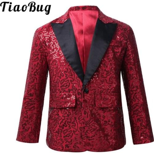 Kids Stylish Shiny Sequins Lapel Jacket Coat Blazer Tuxedo Boys Suit for Wedding Banquet Party Child Stage Performance Costume