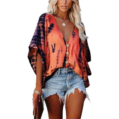 Women Shirt Batwing Sleeve Tie Dye Casual V Neck Loose Shirt for Office