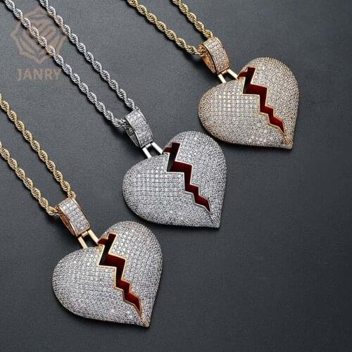 JANRY Personality Broken Heart Shape Pendant Necklace Micro-inlaid Zircon Male Female Couple Hip Hop Necklace With 60cm Chain