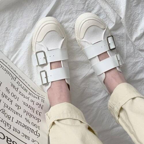 Korean Canvas Shoes Woman Sneakers Student White Shoes Summer Fashion PU Metal Buckle Loafers Opera Slipper Buty Bambas Mujer