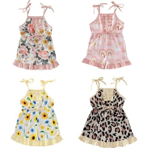 Summer 6 M-4 Y Girls Square Collar Short Romper Floral/Rainbow/Leopard Print Sleeveless Sling Jumpsuit With Ruffles Casual Wear