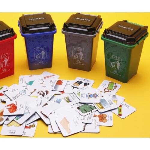 1:6 size Puzzle toy garbage recycle teaching classification Four Mini Dumpsters with playing cards