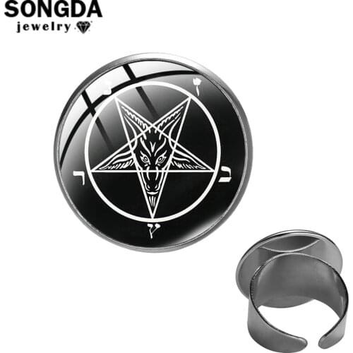 SONGDA Occult Inverted Pentagram Satanism Baphomet Ring Gothic Satan Goat Head Dark Pattern Glass Cabochon Rings 100% Handicraft