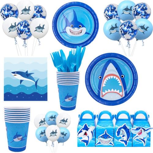 Blue Shark Party Supplies Disposable Cup Paper Plate Napkins Kids Baby Shower Happy Birthday Decoration Tableware Set