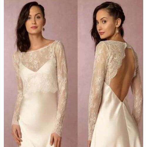 Sexy Backless White Ivory Wedding Jackets Scoop Neck Long Sleeve Lace Bridal Bolero Custom Made Open Back Jacket