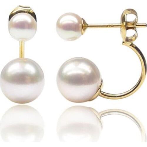 5-8.5MM White Genuine Akoya Double Pearl Ear Earrings 14K Solid Yellow Gold